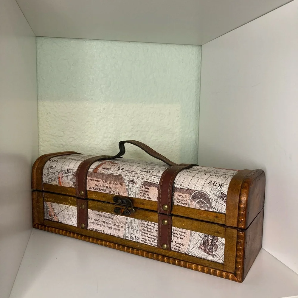 Decorative Old Map Wood & leather Wine Box - Picture 3 of 10